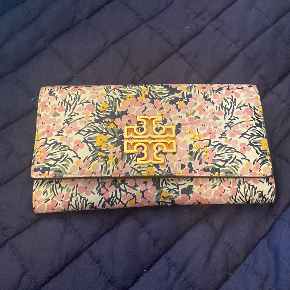 Tory Burch Floral Pink Yellow Wallet with Gold Logo